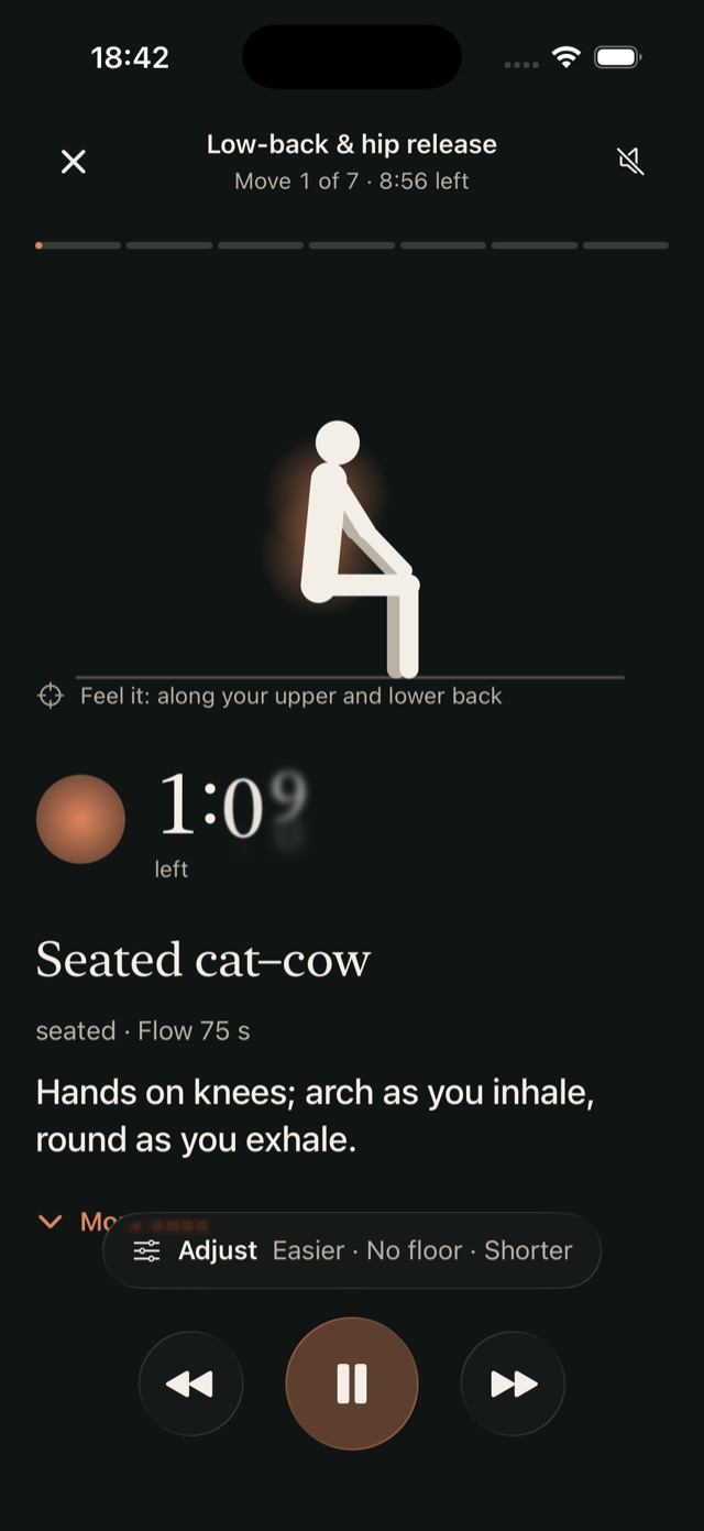 A Tend session in the dark night studio: a seated cat–cow with its cue and the Adjust control offering Easier, No floor and Shorter.